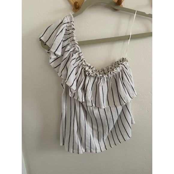 Billabong Top Women's Small One Shoulder Flutter Sleeve White Black Stripes - Picture 7 of 7
